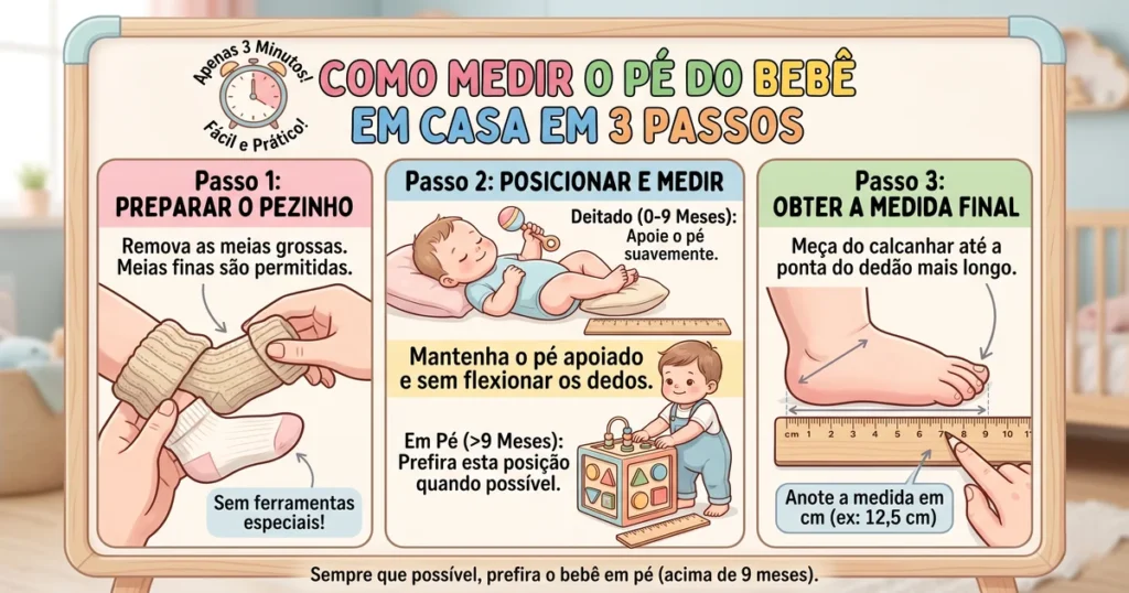 Diagrama passo a passo de como medir o pé do bebê em casa usando folha A4, lápis e régua