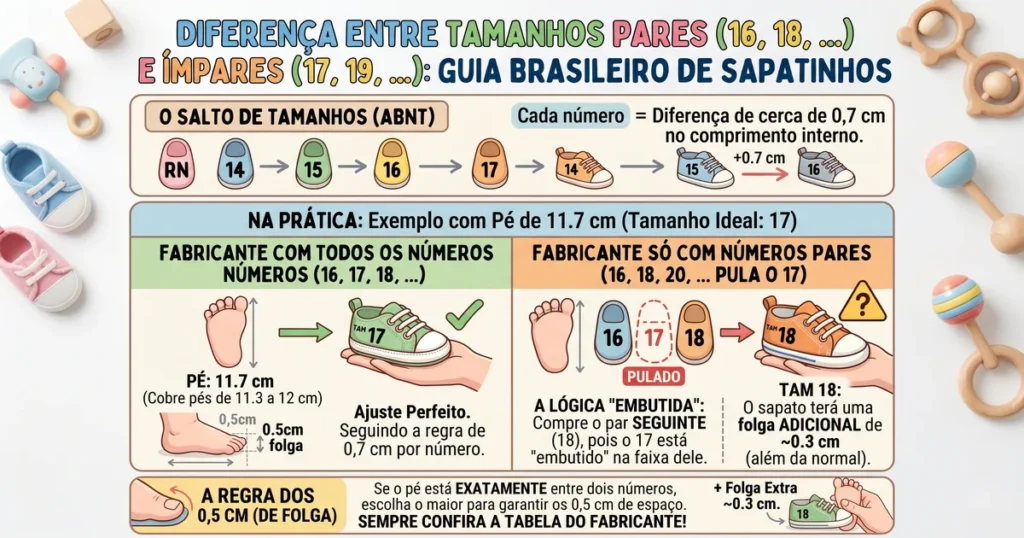 Comparativo visual entre numeração par (14, 16, 18) e ímpar (15, 17, 19) de sapatinho de bebê com diferença de 0,7 cm em cada número