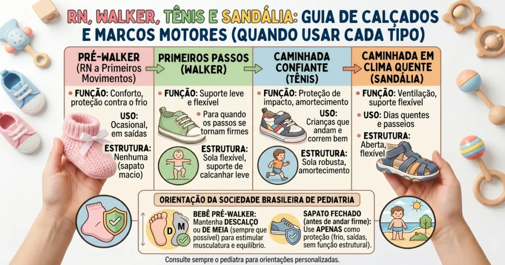 Comparativo de tipos de calçado infantil por fase: sapatinho RN de proteção, walker engatinhador, tênis flexível e sandália