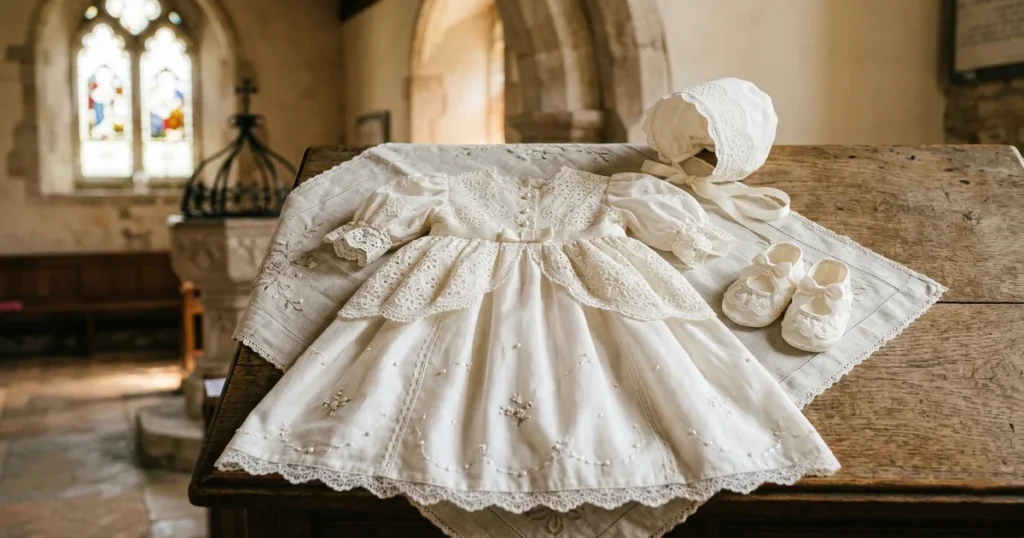 Vestido infantil de batizado branco em algodão com aplicação de renda