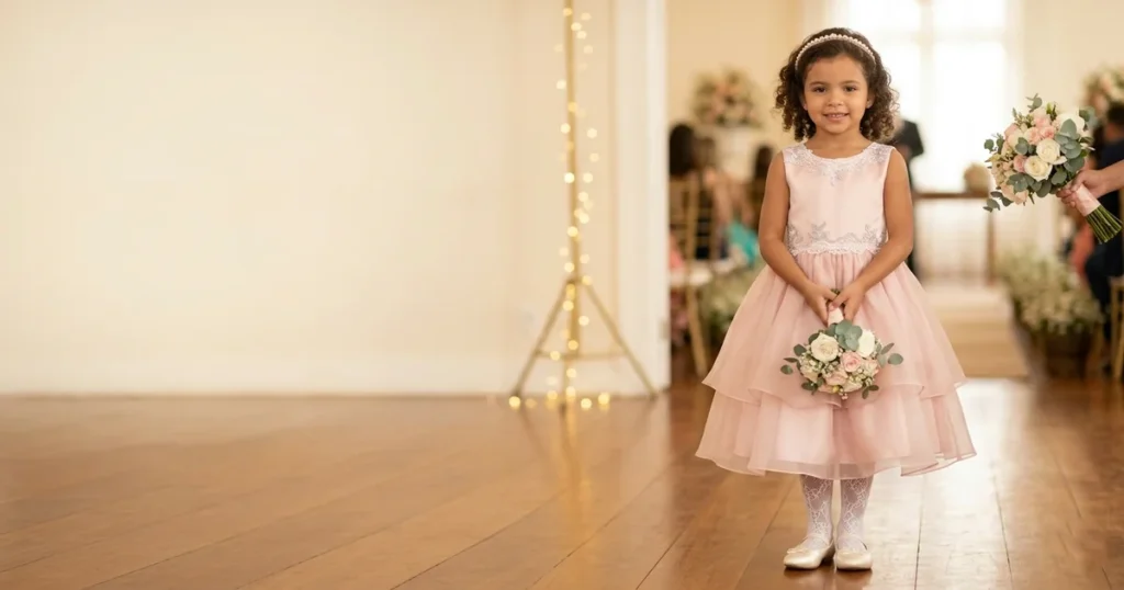Daminha em vestido infantil de festa longo com saia em tule