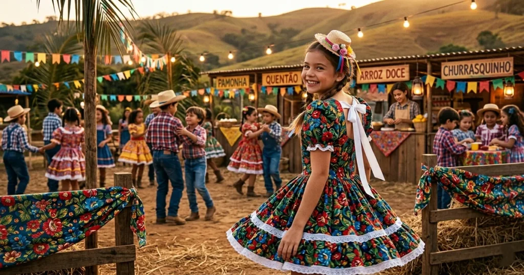 Vestido infantil de festa junina em chita com estampa xadrez
