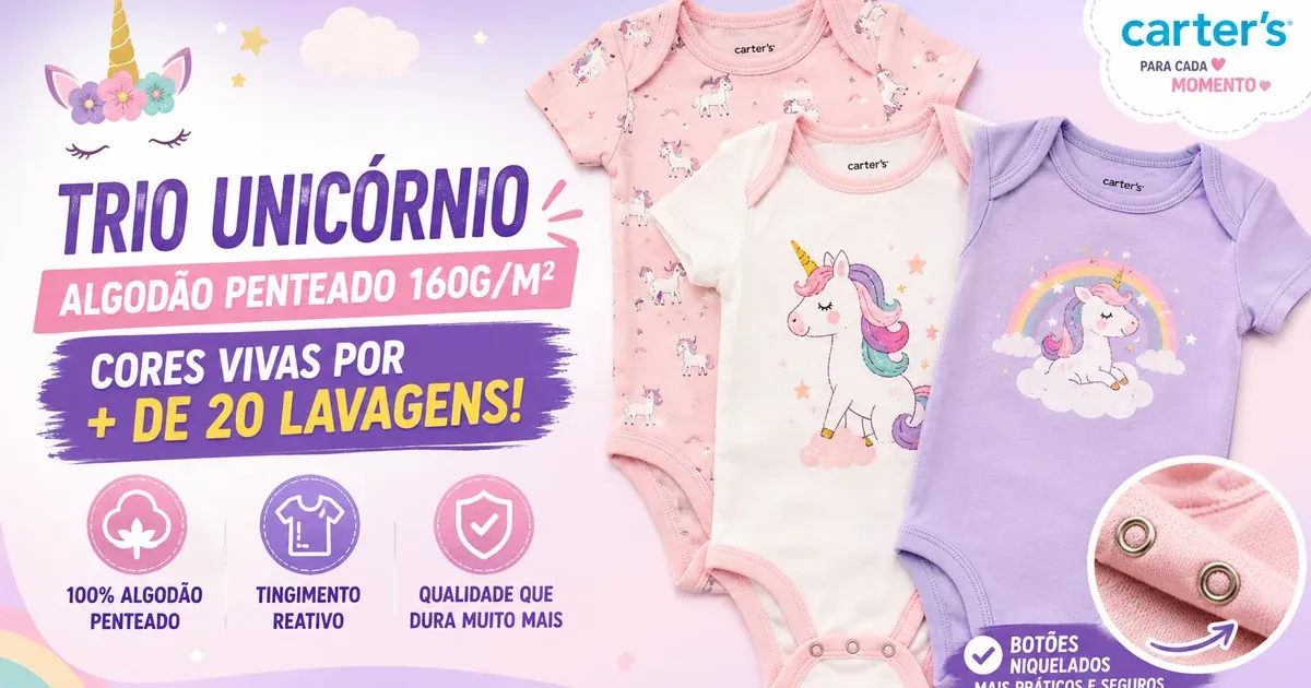 Body Personalizado Carter’s: Trio Unicórnio Tamanho 9M
