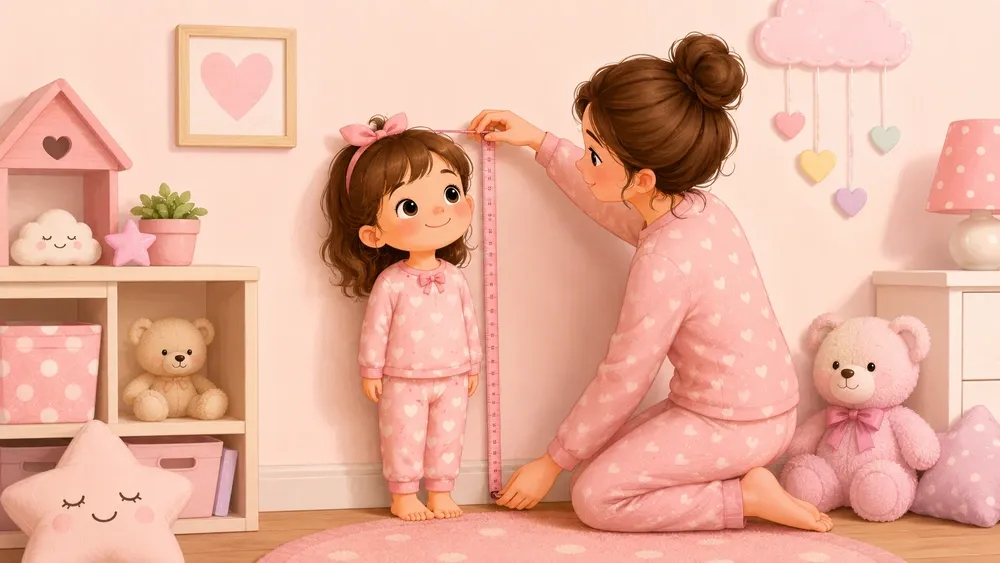 Criança de pijama encostada na parede sendo medida com fita métrica para descobrir o tamanho do pijama
