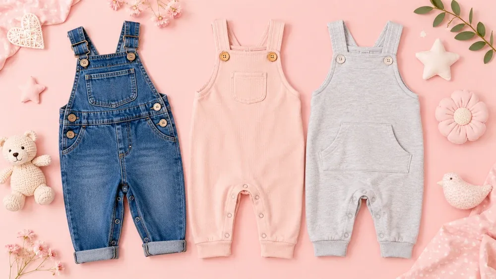 Comparativo de jardineiras infantis em jeans, malha de algodão e moletom lado a lado