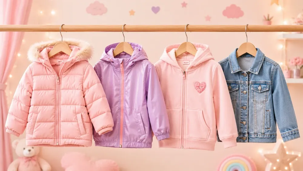 Quatro tipos de jaqueta infantil lado a lado: puffer, corta-vento, moletom e jeans