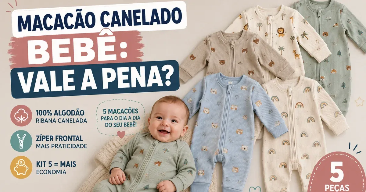 Macacão Canelado Bebê: Zíper, Ribana e Kit de 5 Peças
