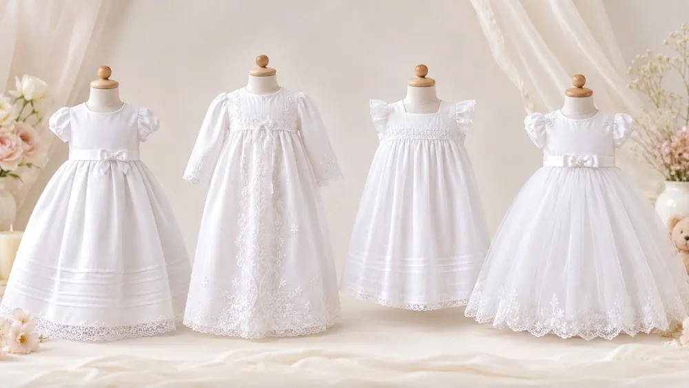 Quatro modelos de vestido de batizado feminino lado a lado: clássico branco, mandrião bordado, cambraia leve e saia godê em tule