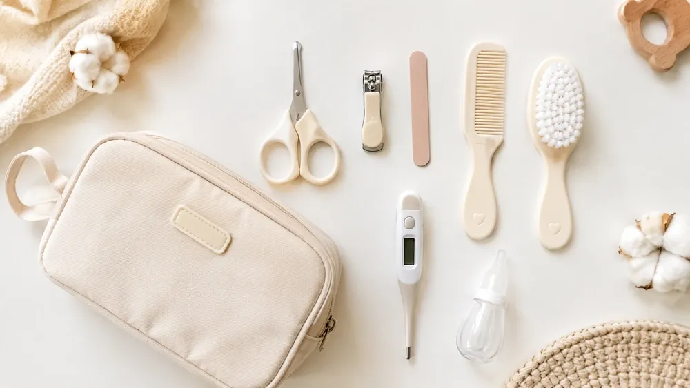 Flat-lay com tesourinha, cortador de unha, pente, escova, termômetro e aspirador nasal do kit de higiene do bebê
