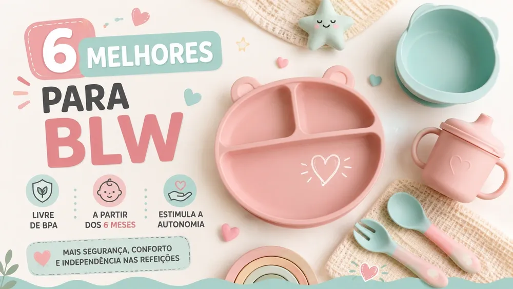 Utensílios de silicone para introdução alimentar BLW: prato com divisórias, colher, garfo e copo