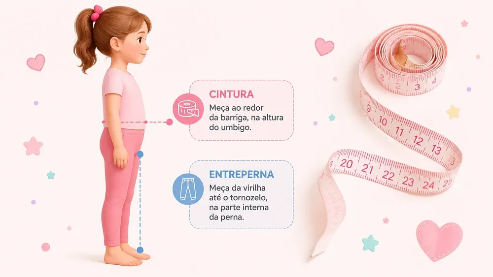 Ilustração de criança em pé com linhas marcando a medida da cintura e da entreperna e uma fita métrica