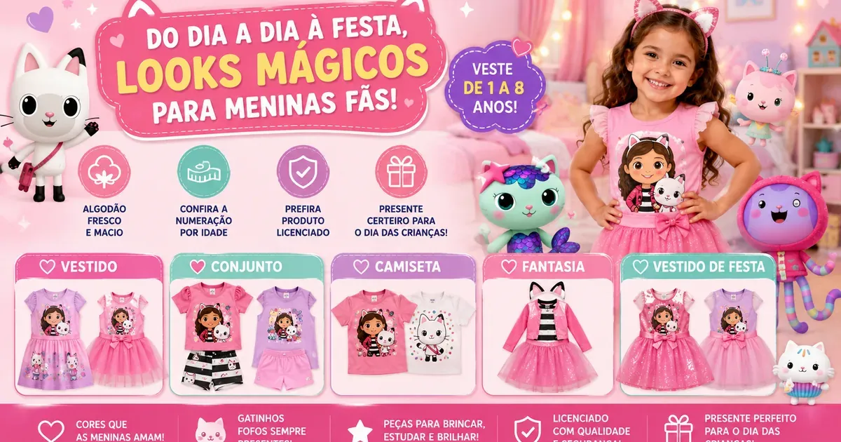 Roupa da Gabby Infantil: Vestido, Conjunto, Camiseta e Fantasia