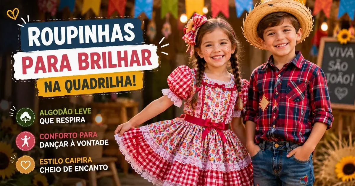 Roupa de Festa Junina Infantil: Vestido Caipira e Look Menino