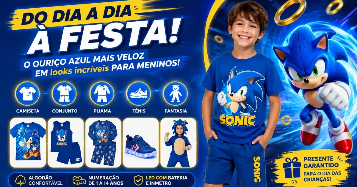 Roupa do Sonic Infantil: Camiseta, Conjunto, Pijama, Tênis e Fantasia