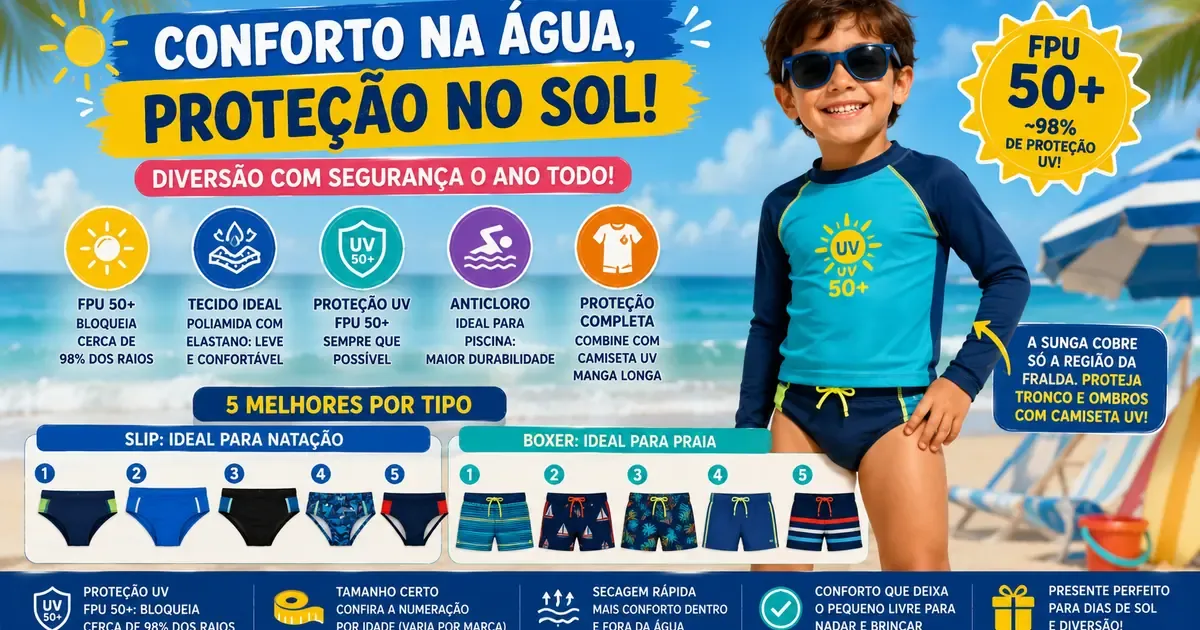 Sunga Infantil com Proteção UV: Tipos, FPU 50+ e Como Escolher