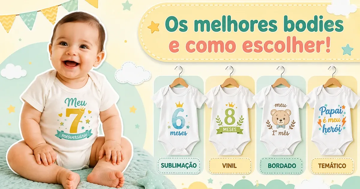 Bebê sentado vestindo um body branco personalizado de mesversário, ao lado de quatro bodies pendurados em cabides rotulados sublimação, vinil, bordado e temático.