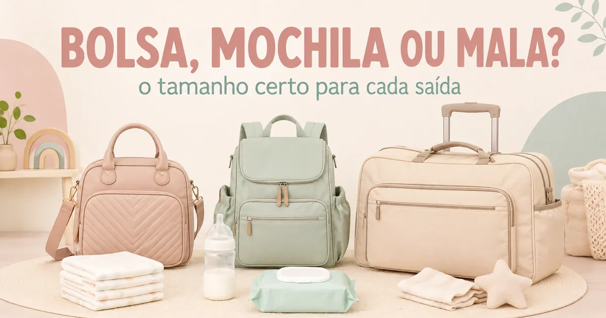 Capa do guia de bolsa de maternidade comparando bolsa, mochila e mala com itens de bebê organizados