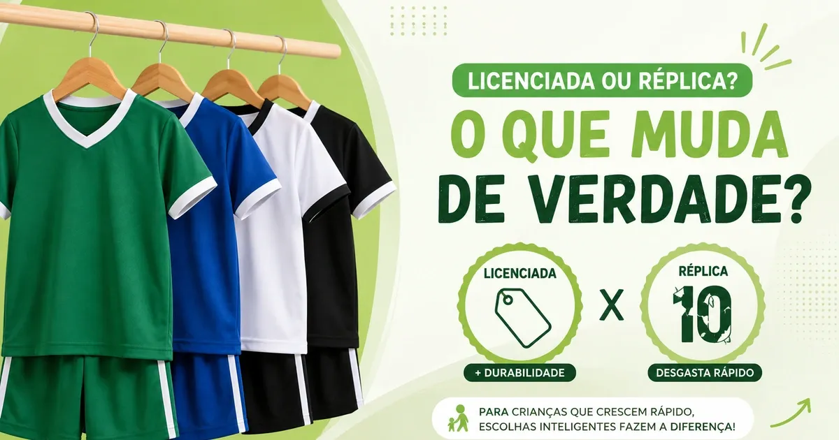 Infográfico em tons de verde com quatro conjuntos de camisa e shorts de futebol infantil lisos em cabides, comparando camisa licenciada e réplica
