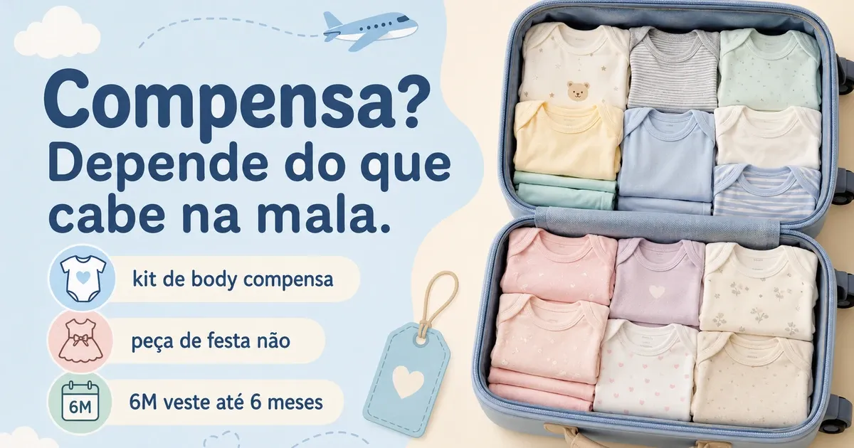 Mala aberta com kits de body de bebê dobrados ao lado de uma etiqueta de tamanho americano 6M e uma tabela comparando a numeração dos EUA com a brasileira.