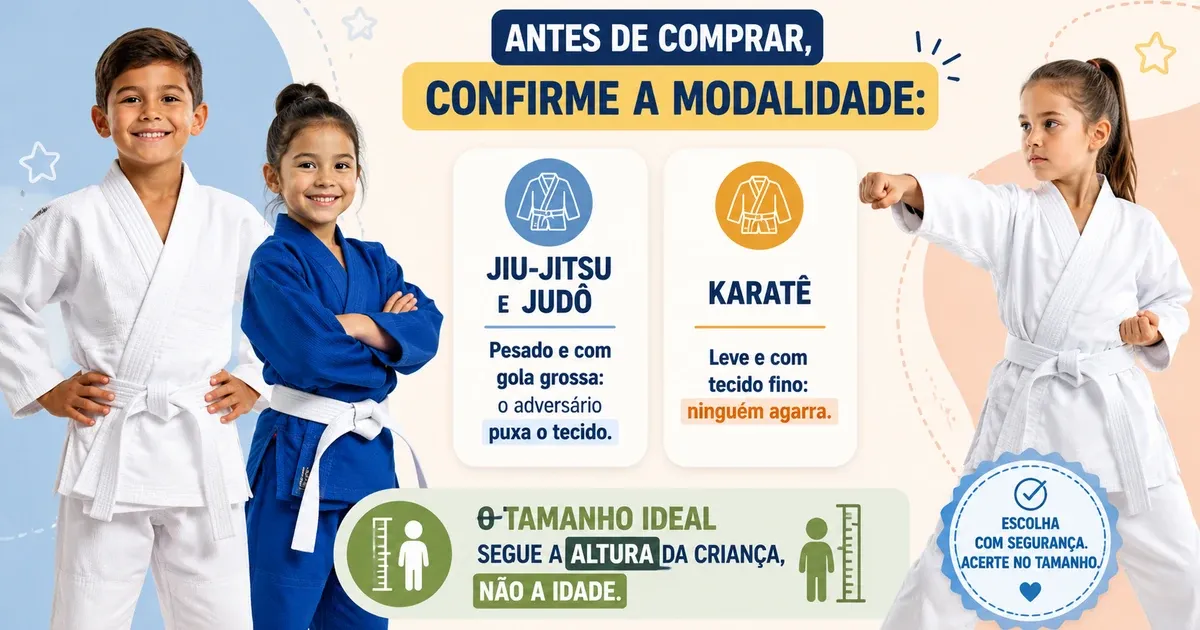 Infográfico com fundo pastel comparando kimono de jiu-jitsu e judô com o de karatê, com três crianças de kimono branco e azul e a nota de que o tamanho segue a altura, não a idade