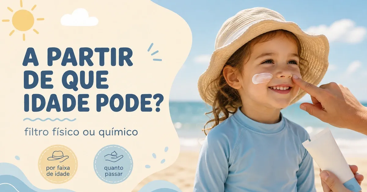 Criança na praia com camiseta de proteção UV e chapéu de aba larga enquanto um adulto aplica protetor solar no rosto dela.