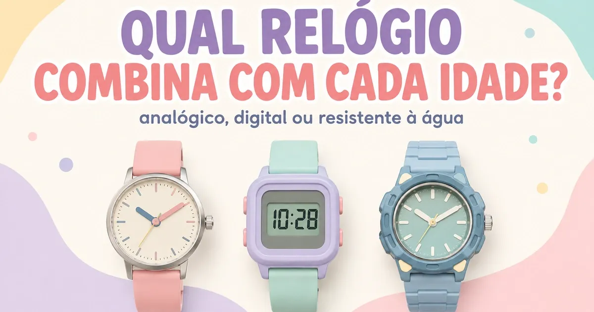 Capa do guia de relógio infantil com modelos analógico e digital e selos de idade e resistência à água