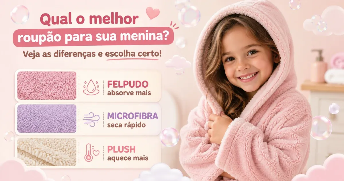 Menina enrolada num roupão rosa felpudo com capuz, ao lado de um comparativo de três tecidos: felpudo absorve mais, microfibra seca rápido e plush aquece mais.