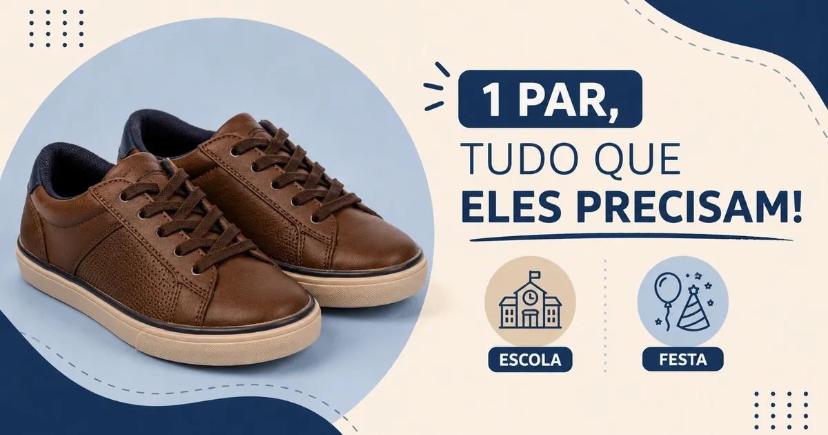 Infográfico em tons de bege e azul-marinho com um par de sapatênis infantil de couro marrom e ícones de escola e festa, mostrando que o modelo serve às duas ocasiões
