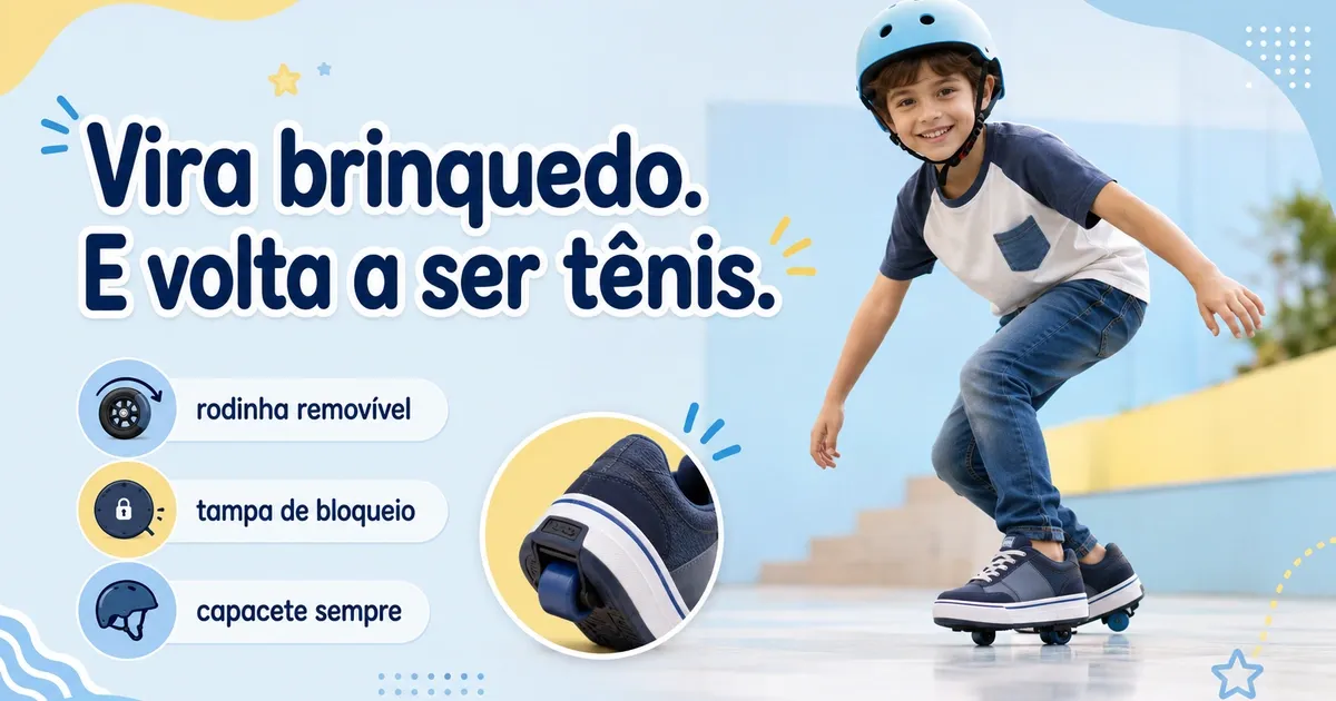 Tênis de rodinha infantis lado a lado — um modelo de 2 rodas no calcanhar e um de 4 rodas —, com as tampas de bloqueio e a chave de remoção ao lado.
