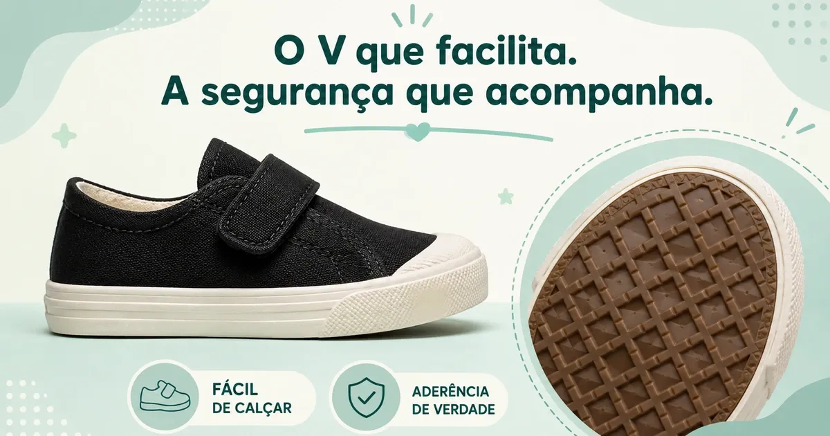 Infográfico em tons de verde-água com tênis de lona infantil preto de velcro e close da sola quadriculada, com os selos fácil de calçar e aderência de verdade