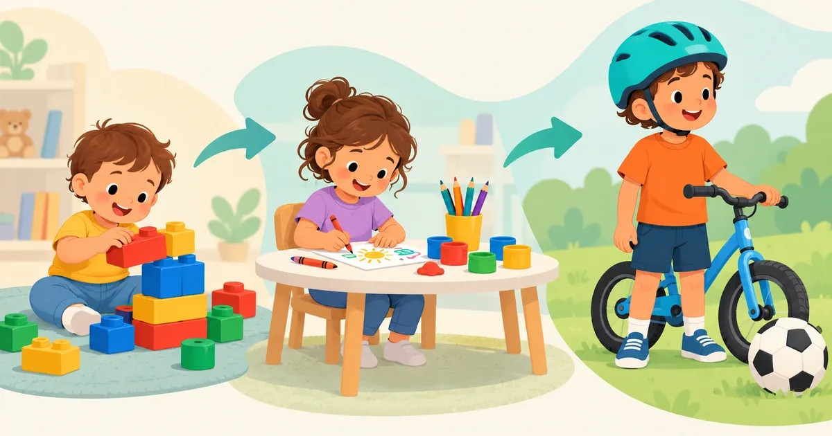 Ilustração em três estágios: criança sentada empilhando blocos de encaixe, criança desenhando com lápis e massinha na mesinha, e criança de capacete ao lado de uma bicicleta e uma bola