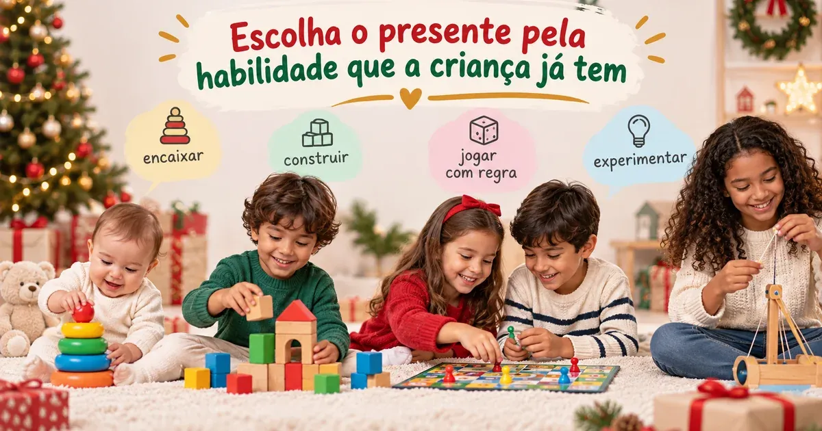 Brinquedos de Natal organizados por faixa de idade, de encaixe de formas para bebê a kit de experiências para 10 anos.