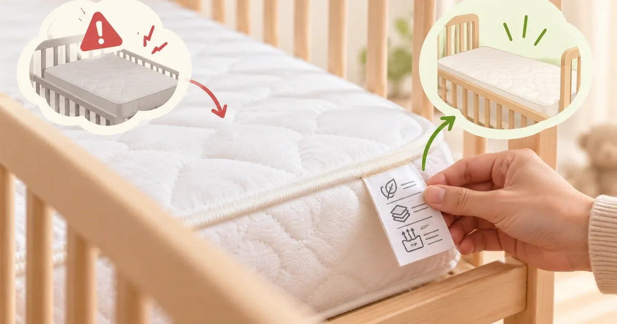 Mão conferindo a etiqueta costurada de um colchão de berço branco dentro de um berço de madeira, ao lado da comparação entre o colchão que sobra folga na lateral e o que encaixa justo.