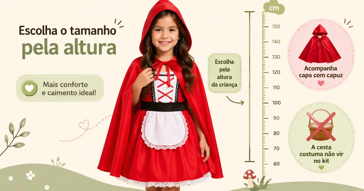 Fantasia de Chapeuzinho Vermelho Infantil: Tamanho por Altura e o Que Vem no Kit