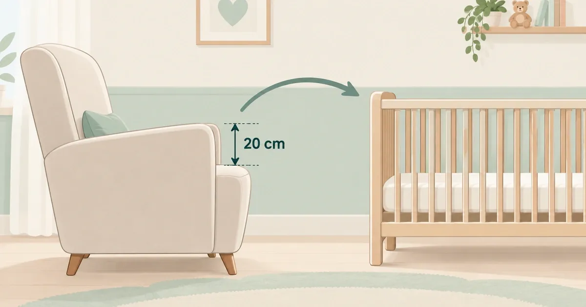Ilustração de um quarto de bebê: à esquerda uma poltrona de amamentação vazia, com cota de 20 cm entre o assento e o apoio de braço, e uma seta apontando para um berço vazio de grades à direita