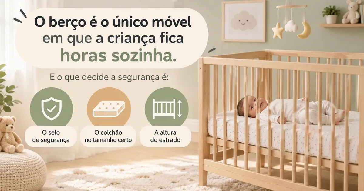 Bebê deitado em berço de madeira de grade fixa, ao lado dos três pontos que decidem a segurança: o selo, o colchão no tamanho certo e a altura do estrado.