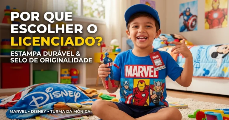 Roupa de personagem infantil licenciada com estampas de heróis da Marvel, princesas da Disney e Turma da Mônica