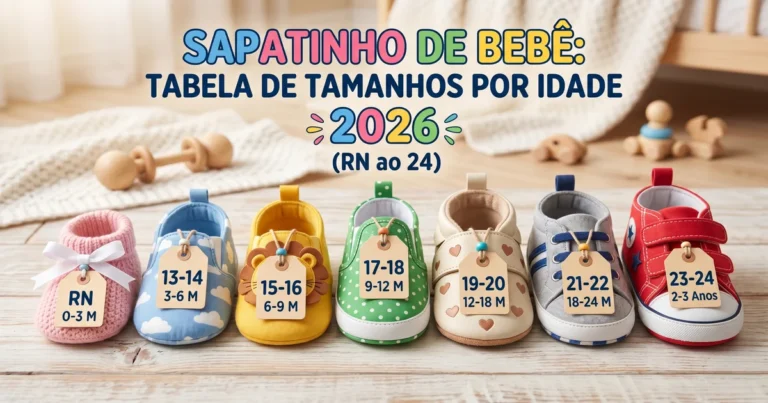 Sapatinho de Bebê: Tamanhos por Idade RN ao 24 (2026) Capa do guia de tamanhos de sapatinho de bebê com sapatinhos coloridos do RN ao 24 e numeração visível