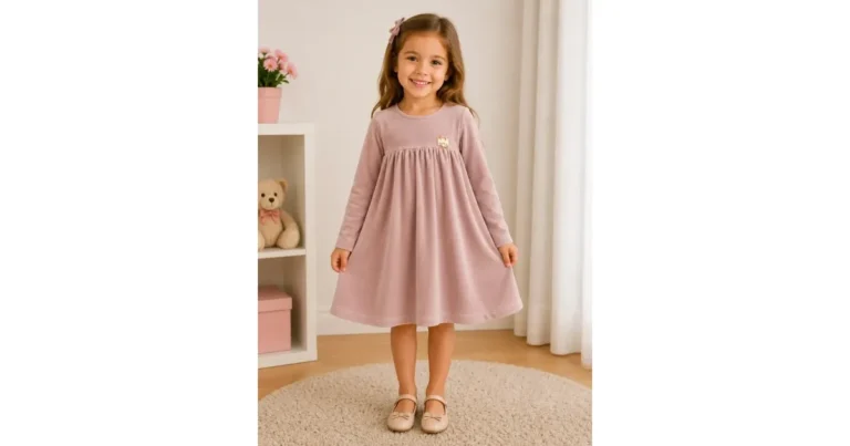 Vestido de Inverno Infantil: Plush, Tweed ou Meia Malha? Vestido de inverno infantil de manga longa em plush, ideal para o frio do Sul e Sudeste do Brasil